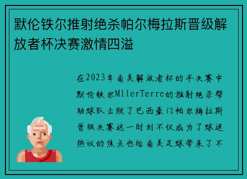 默伦铁尔推射绝杀帕尔梅拉斯晋级解放者杯决赛激情四溢
