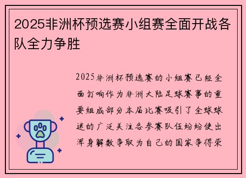 2025非洲杯预选赛小组赛全面开战各队全力争胜