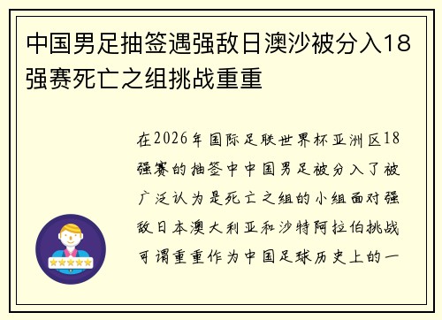中国男足抽签遇强敌日澳沙被分入18强赛死亡之组挑战重重
